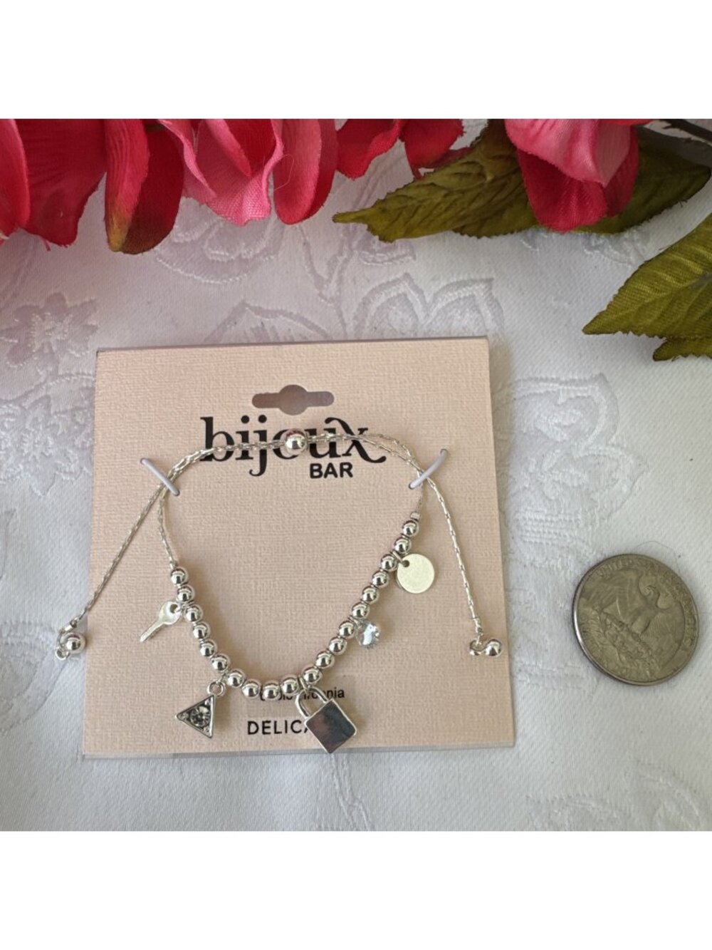 Bijoux Bar Delicates Dainty SIlvertone Lock Key Charm Beads Slide Bracelet NEW